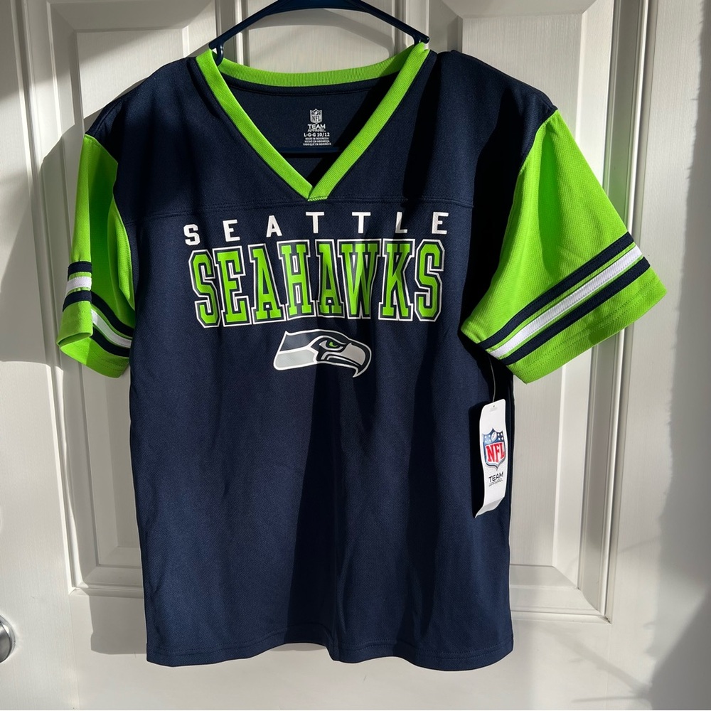 Seattle Seahawks Kids Shirt -‎ Navy and Green NFL size L 10/12 NWT